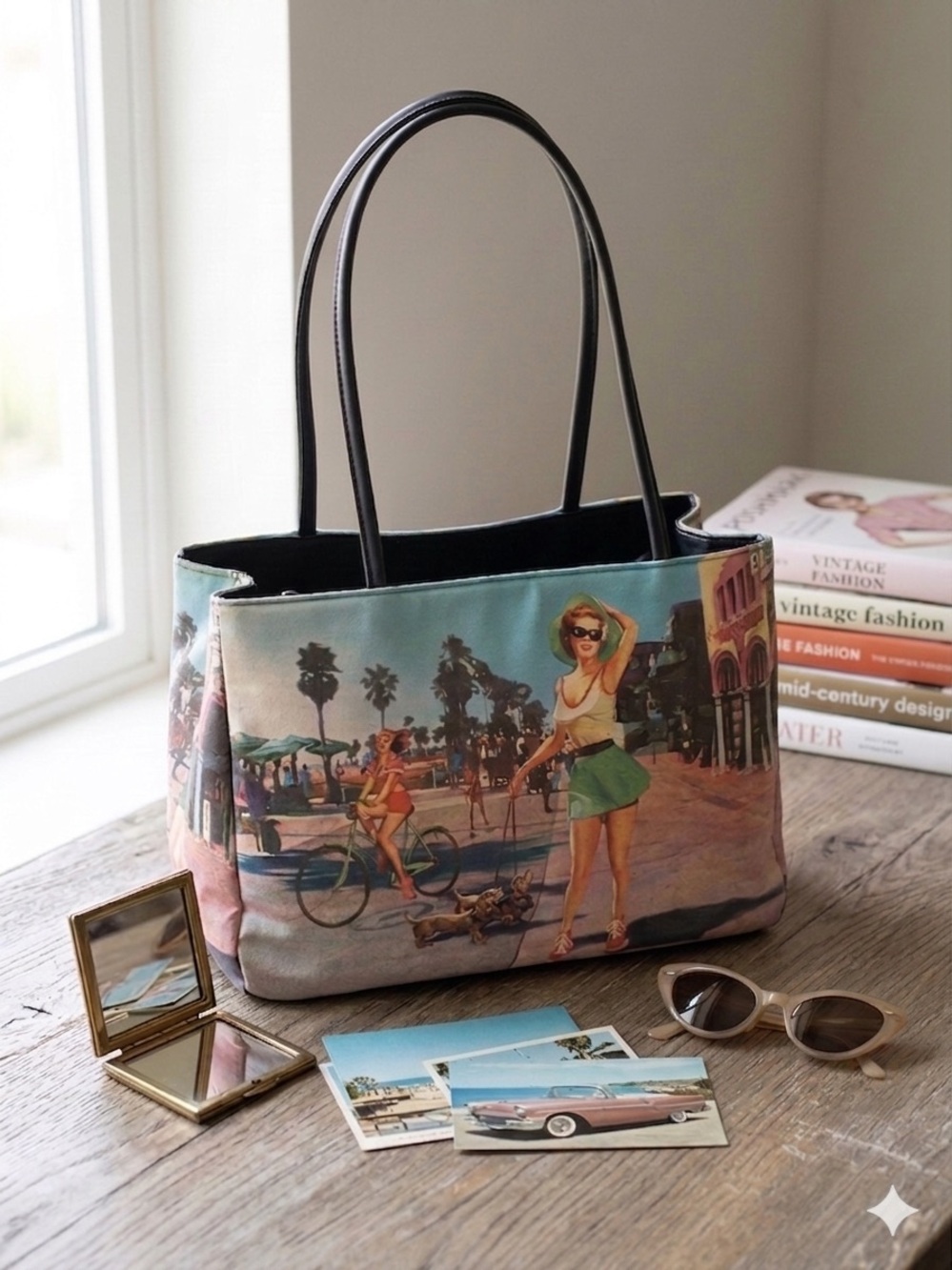 Bueno Retro Coastal Print Tote Bag with Black Handles